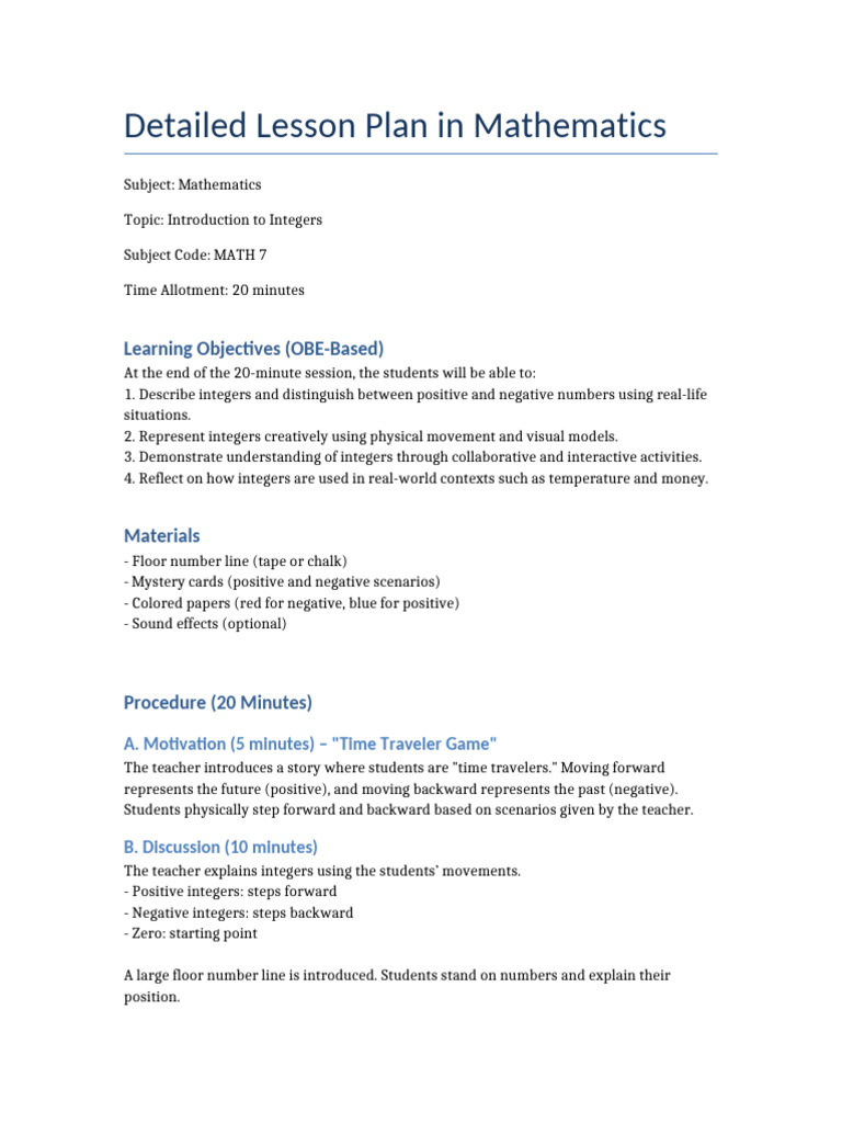 Introduction to Integers Lesson Plan | PDF