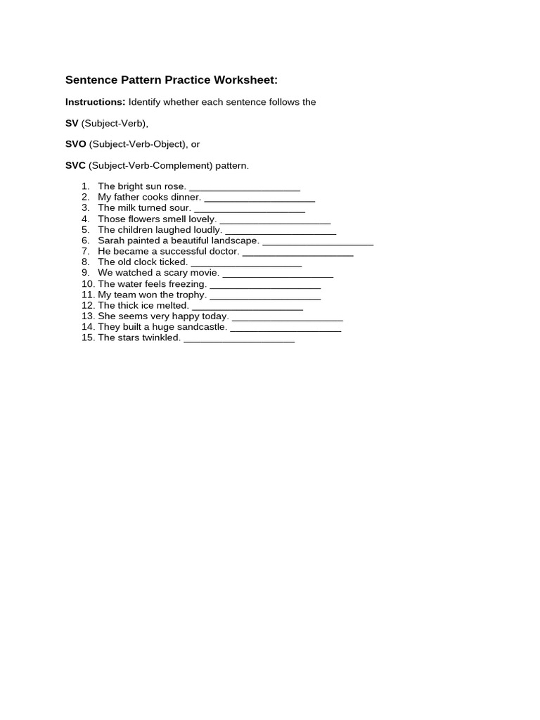 Sentence Pattern Practice Worksheet | PDF