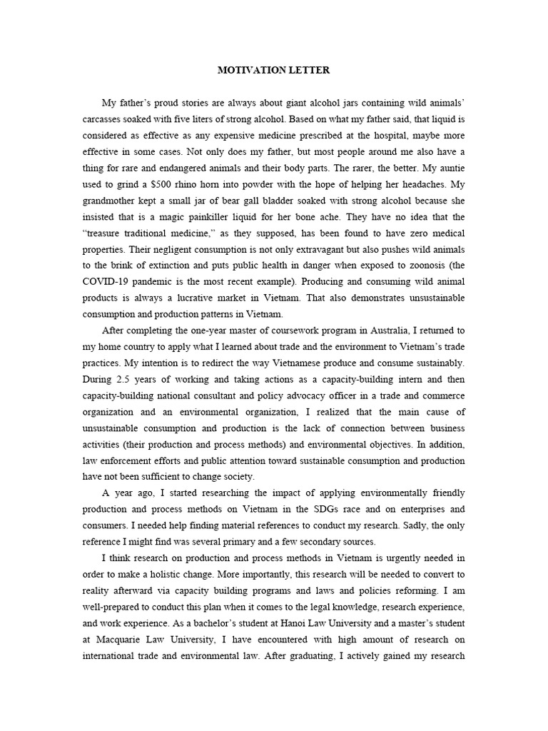 DO MINH THU - Motivation Letter | PDF | Sustainability