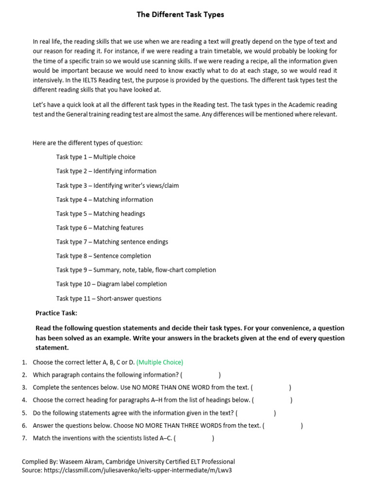 The Different Task Types-1 | PDF | International English Language ...