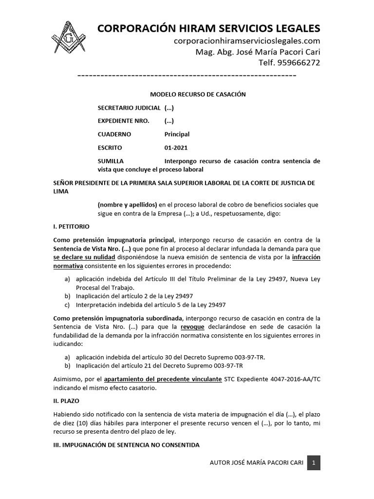 MODELO RECURSO DE CASACIÓN | PDF | Sentencia (ley) | Separación de poderes