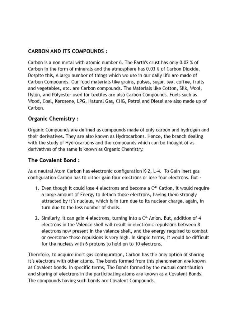 Carbon and Its Compounds | PDF | Carbon | Covalent Bond