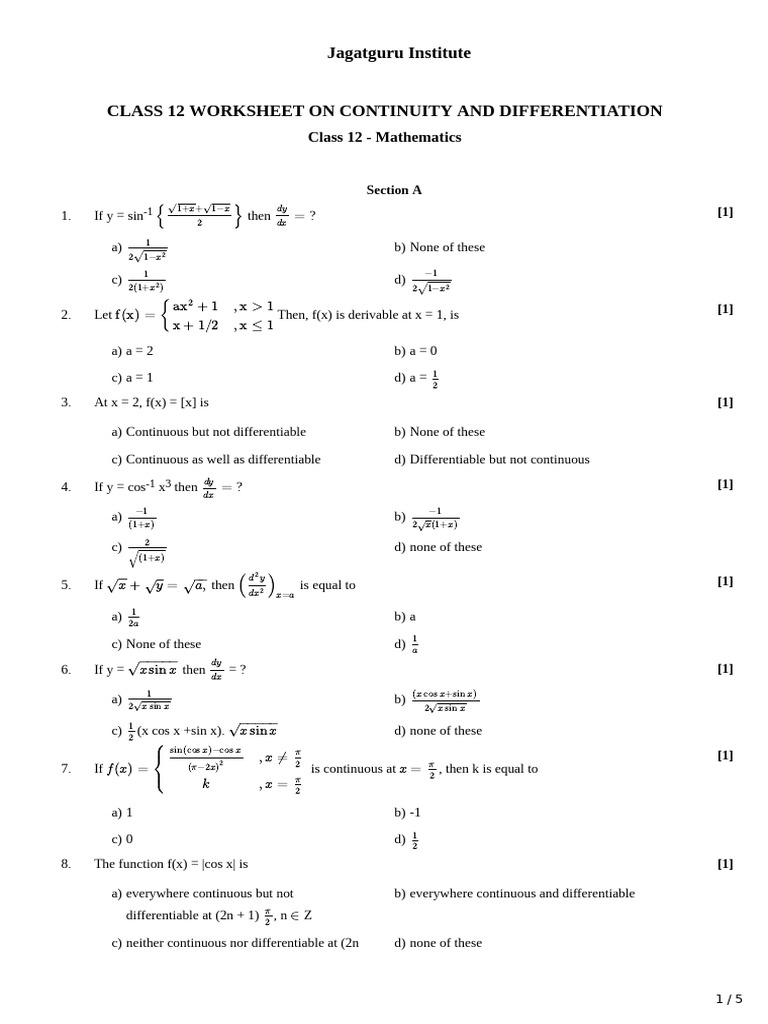 Worksheet on Continuity and Differentiation | PDF | Function ...