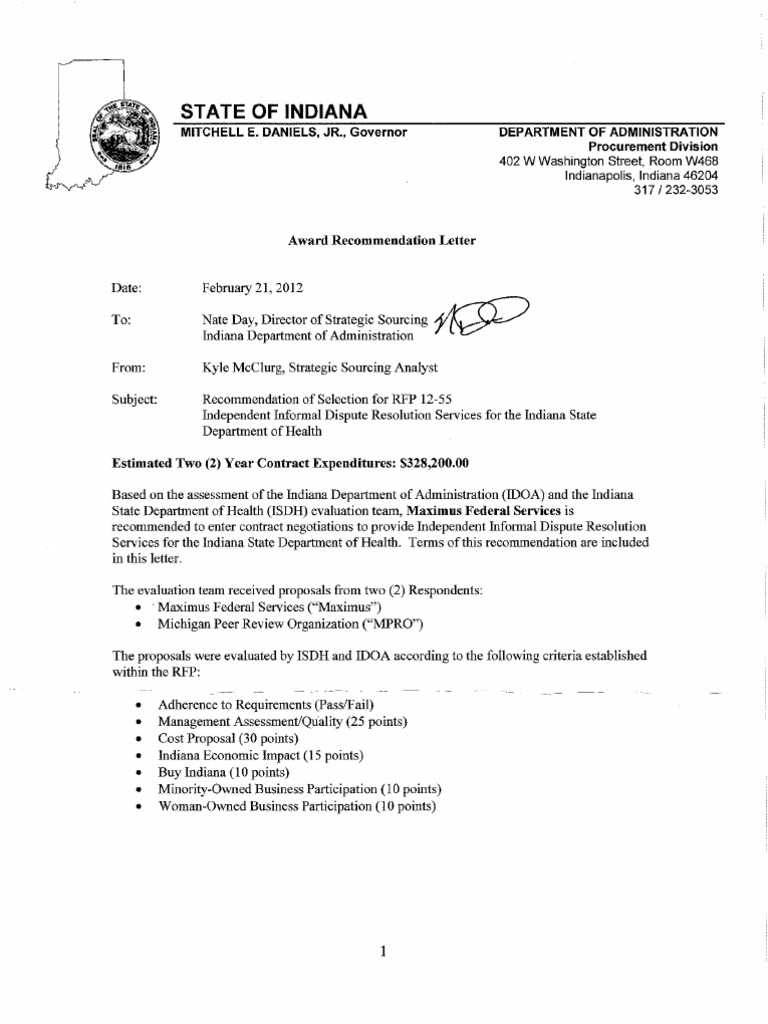 Indiana, Award Letter, MAXIMUS to Handle Dispute Resolution Services