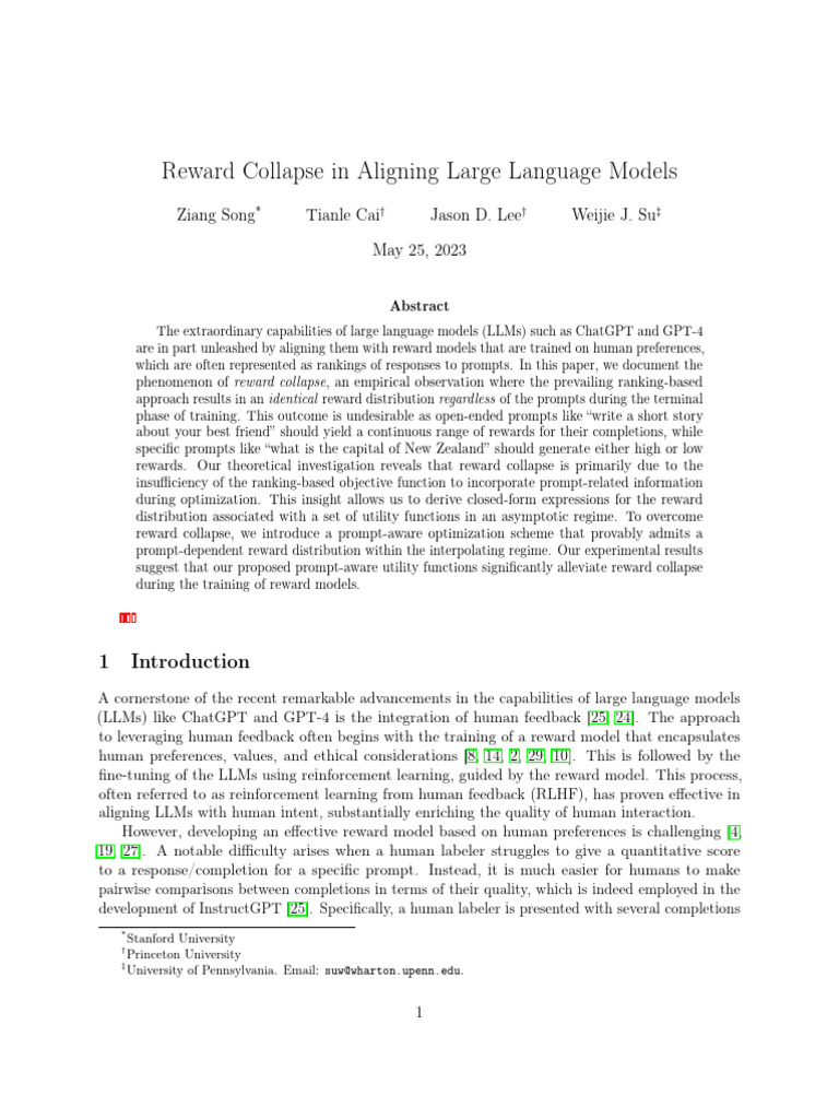 Reward Collapse in Aligning Large Language Models | PDF | Mathematics ...