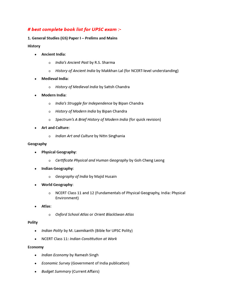 Best Complete Book List for UPSC Exam | PDF