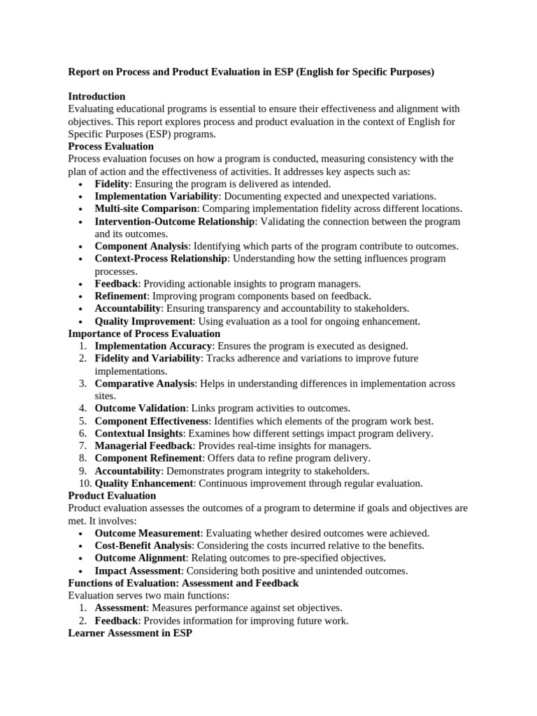 Report on Process and Product Evaluation in ESP | PDF | Educational ...