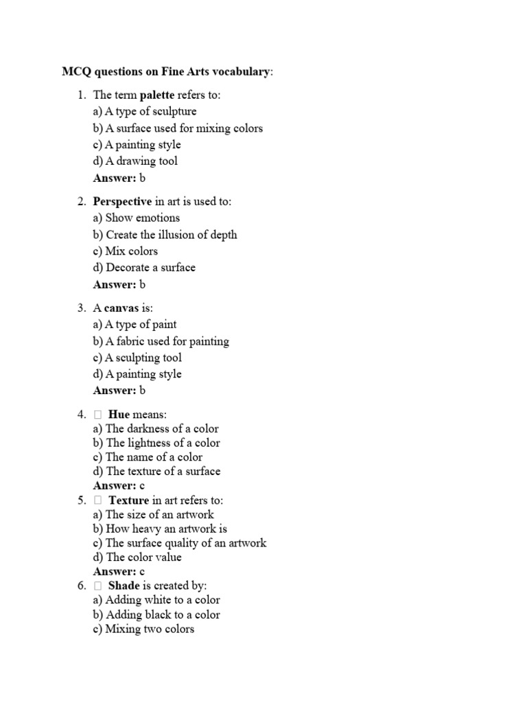 MCQ Questions With Answers | PDF | Paintings | Drawing