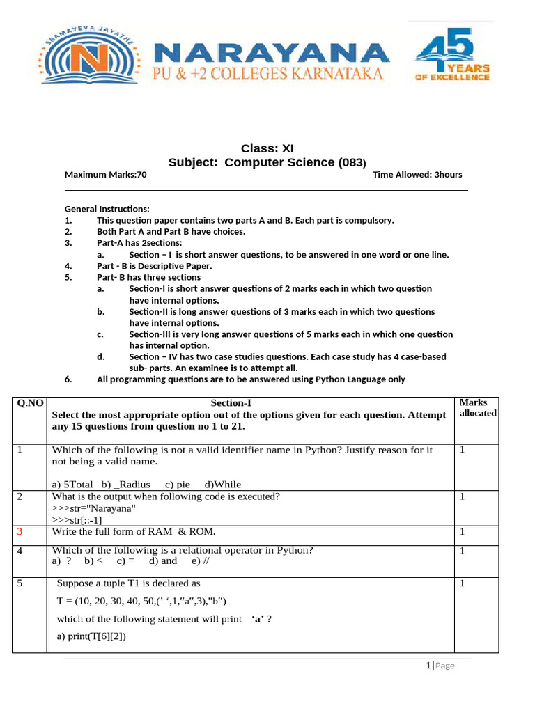 CBSE +1 COMPUTER SCIENCE MODEL QP | PDF | Computer Science | Software ...