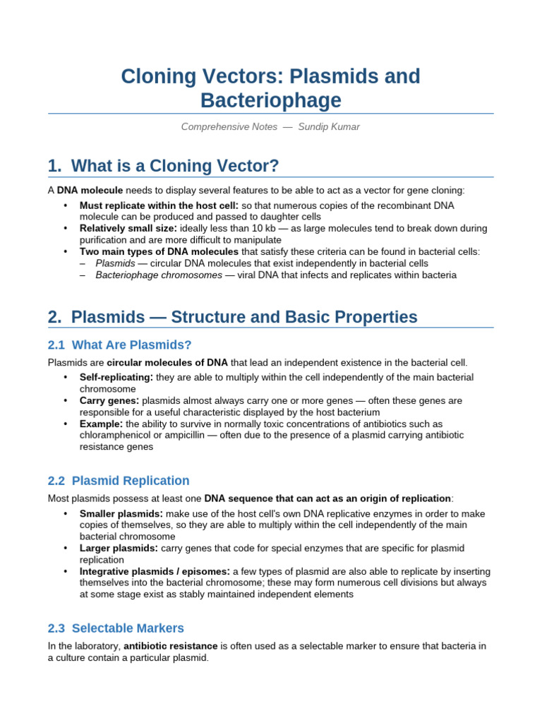 Cloning Vectors Intro Notes | PDF | Plasmid | Bacteriophage
