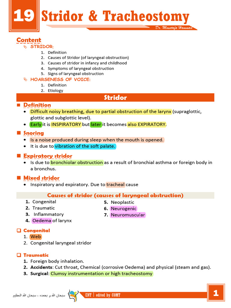 19- Stridor & Tracheostomy | PDF | Respiratory System | Lung