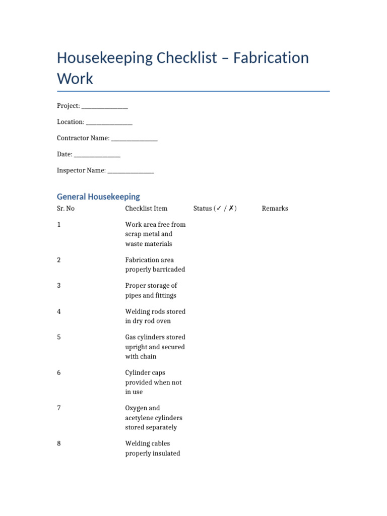 Fabrication Housekeeping Checklist | PDF