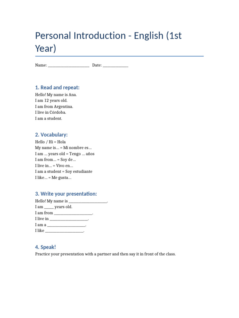 Personal Introduction Worksheet | PDF