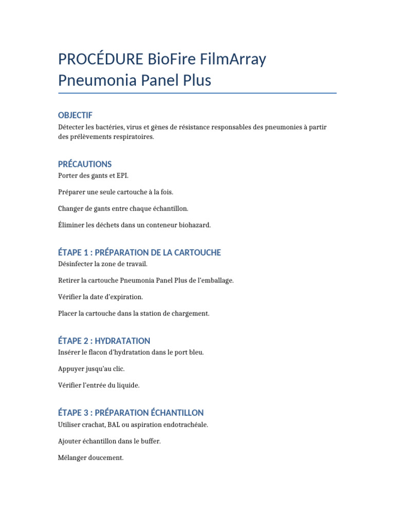 Procedure BioFire Pneumonia Panel Plus FR | PDF