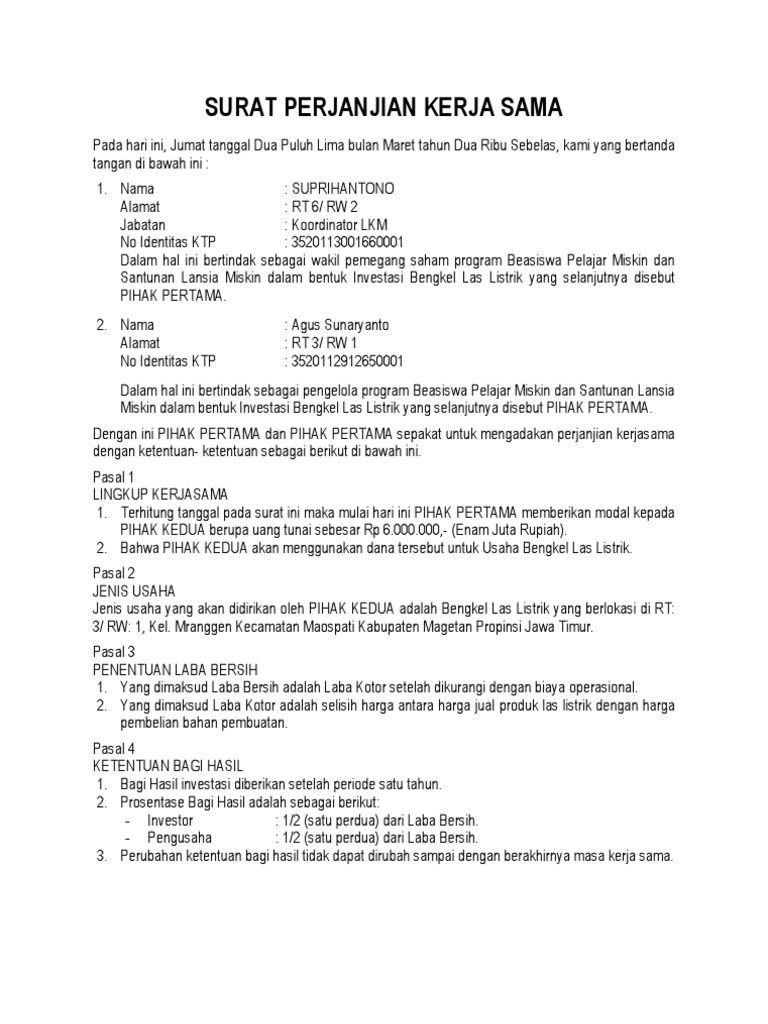 Surat Perjanjian Kerja Sama (Investasi Bengkel Las Listrik)