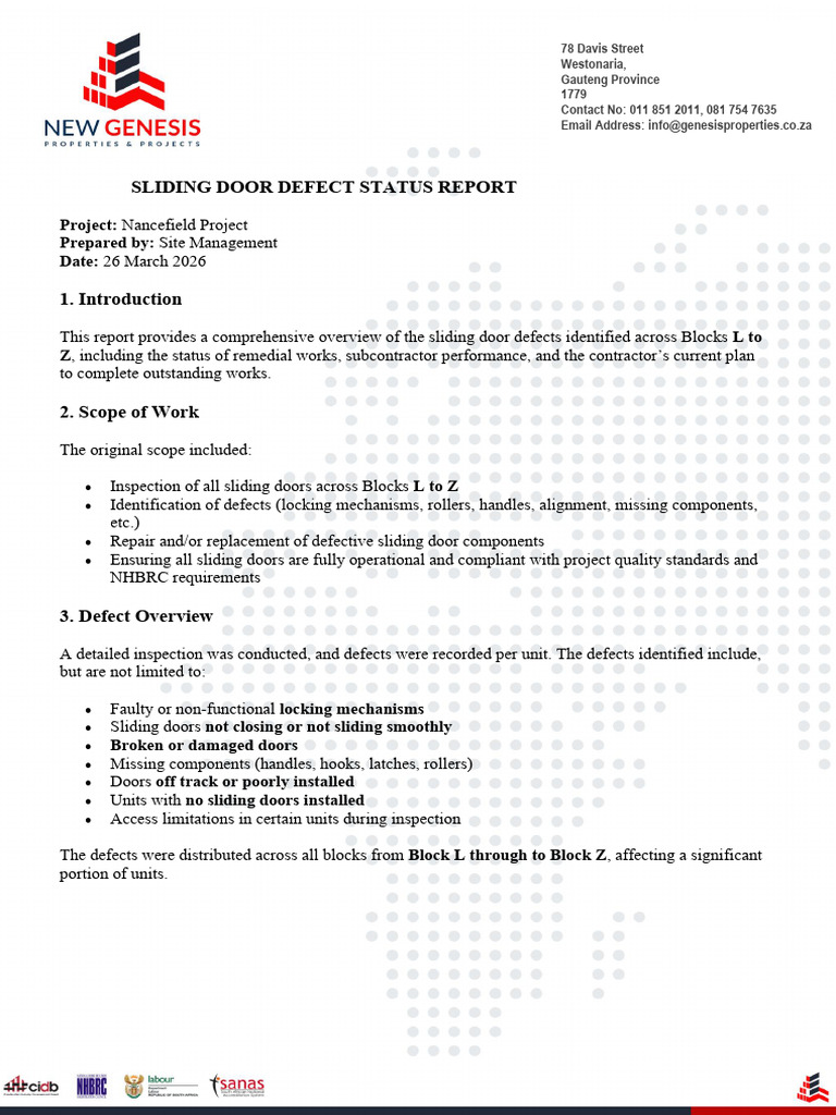 SLIDING DOOR DEFECT STATUS REPORT | PDF