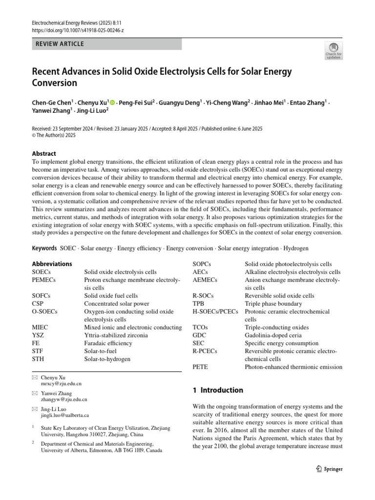 Recent Advances in Solid Oxide Electrolysis Cells For Solar Energy ...