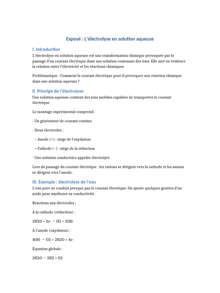 Expose Electrolyse en Solution Aqueuse | PDF