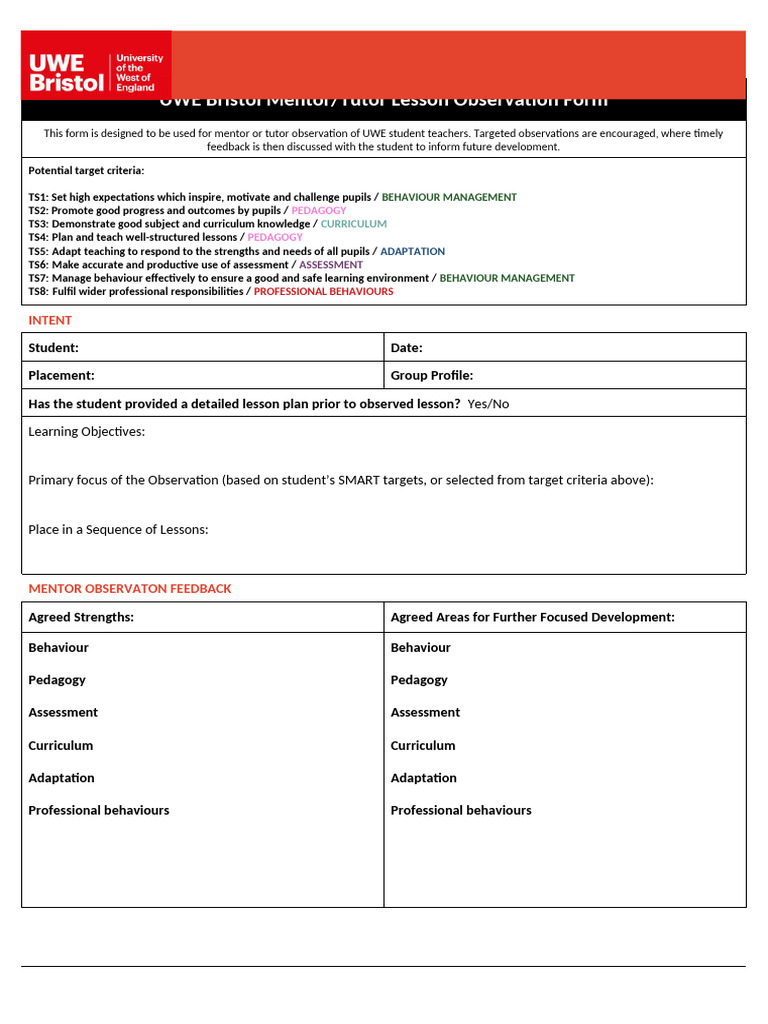 Lesson Observation Form 22-23 | PDF