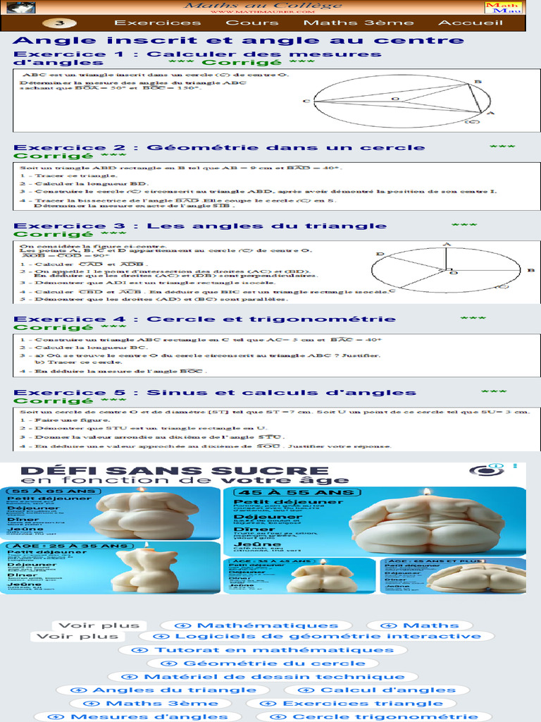 Exercices corrigés 3° - Angle inscrit et angle au centre | PDF