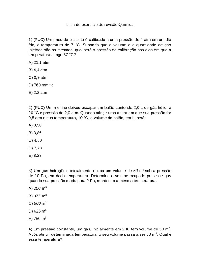 Lista de Exercício de Revisão Química | PDF | Gases | Pressão