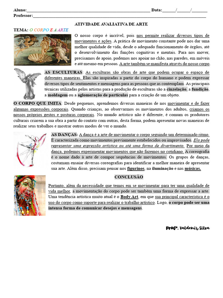 Atividade de Arte - 9 Ano Orientada_085421 | PDF | Danças | Escultura