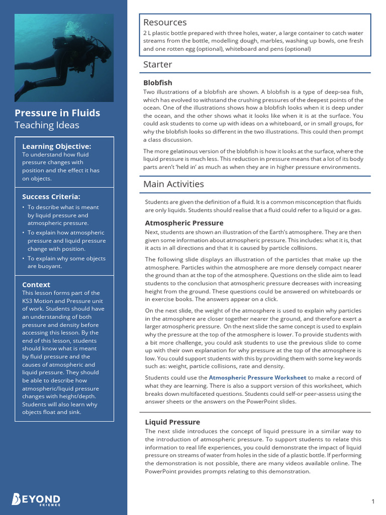 Pressure in Fluids Teaching Ideas | PDF | Buoyancy | Pressure