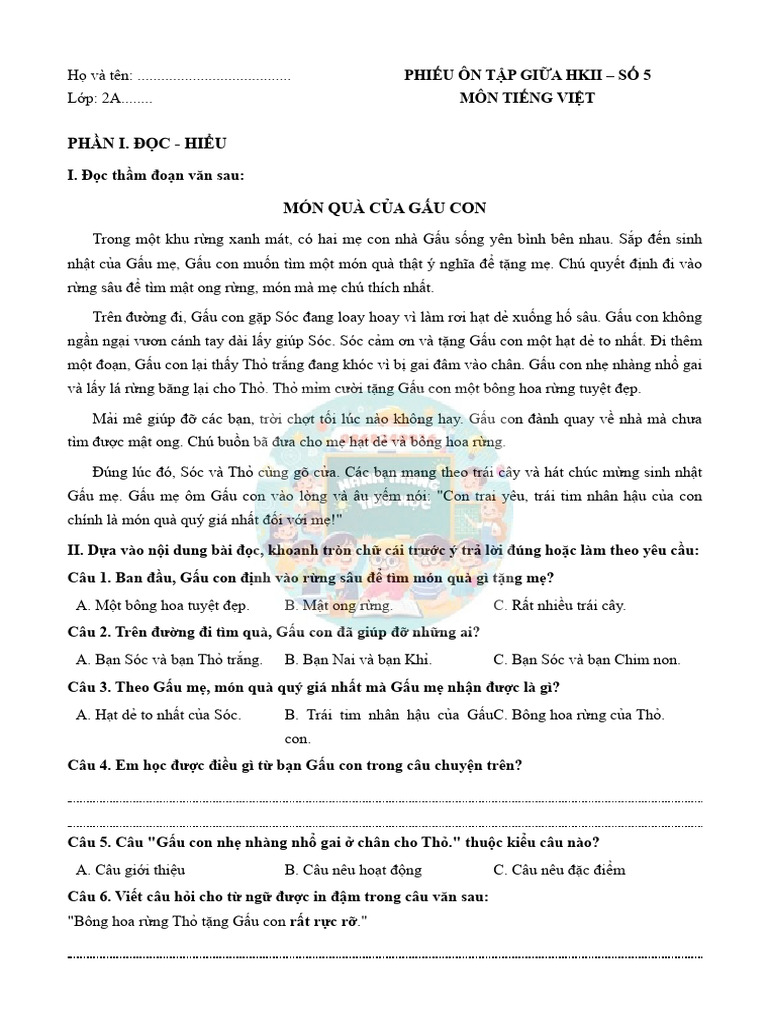 Giua HK 2 Tieng Viet Lop 2 So 5 Watermark | PDF