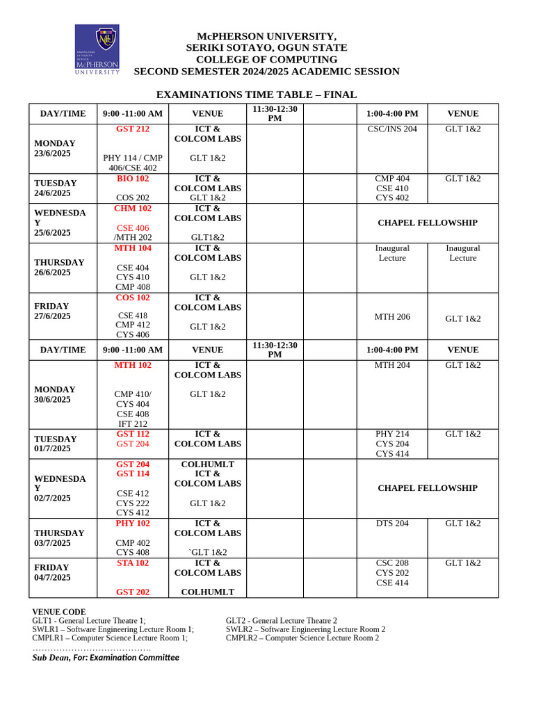 2nd Semseter Final Examination Timetable | PDF | Schools | Educational ...