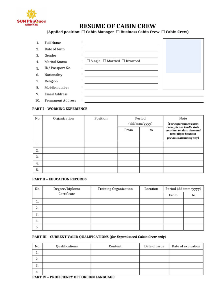 Cabin Crew Application Form | PDF | Flight Attendant | Chess Theory