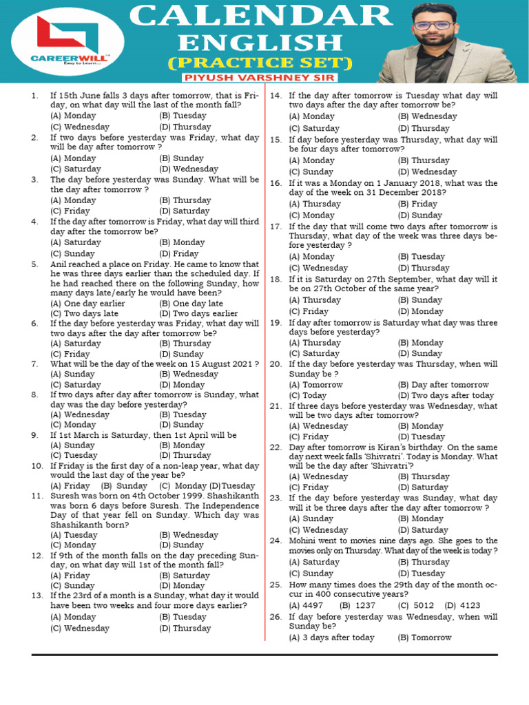 Calendar Practice Set English | PDF