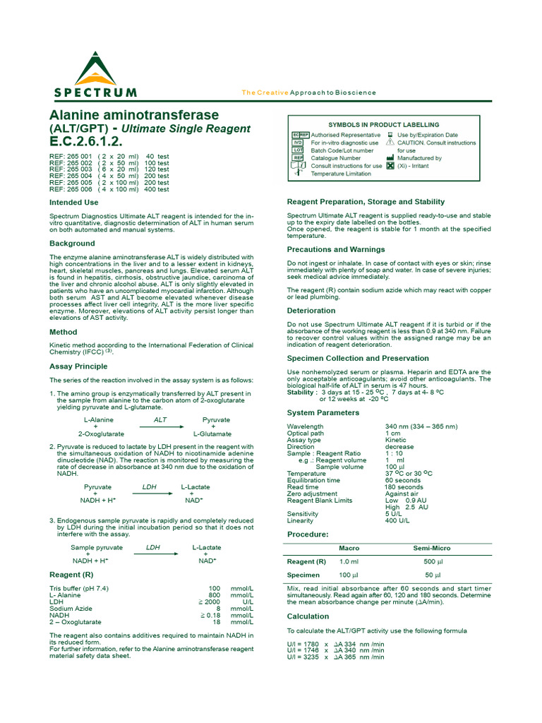 Alanine Aminotransferase ALT GPT Ultimate Single Reagent | PDF ...