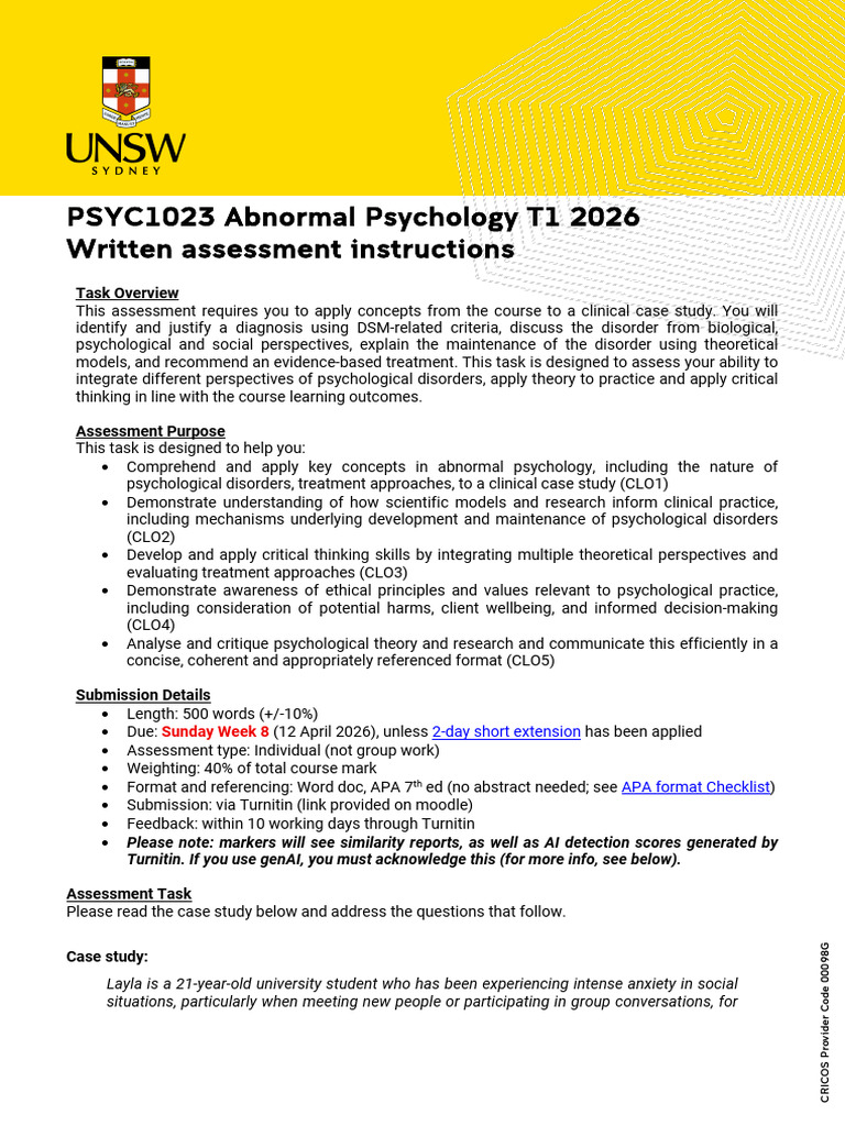 T1_2026 Written Assessment Instructions2 | PDF | Psychology | Anxiety