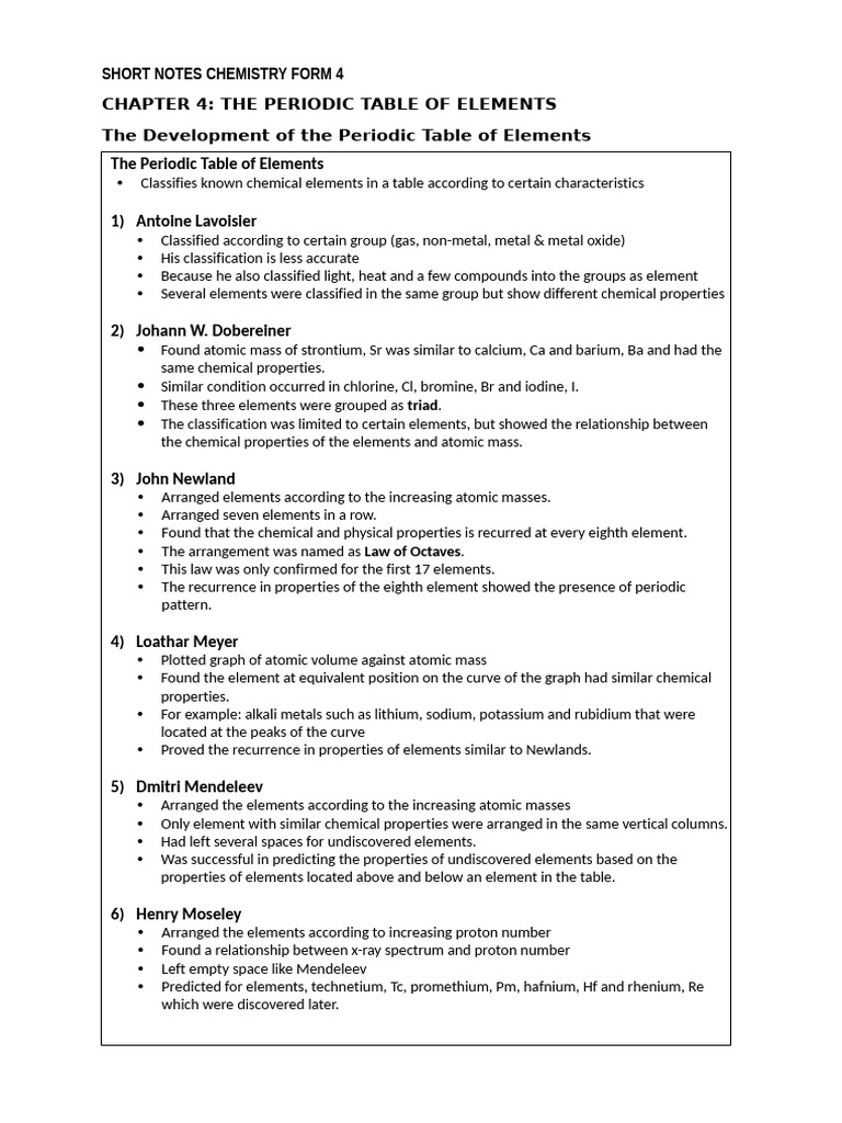 Short Notes Chemistry Form 4 - c4 the Periodic Table of Elements | PDF ...