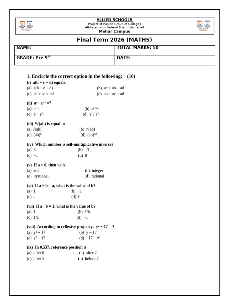 Class Pre 9th Maths | PDF
