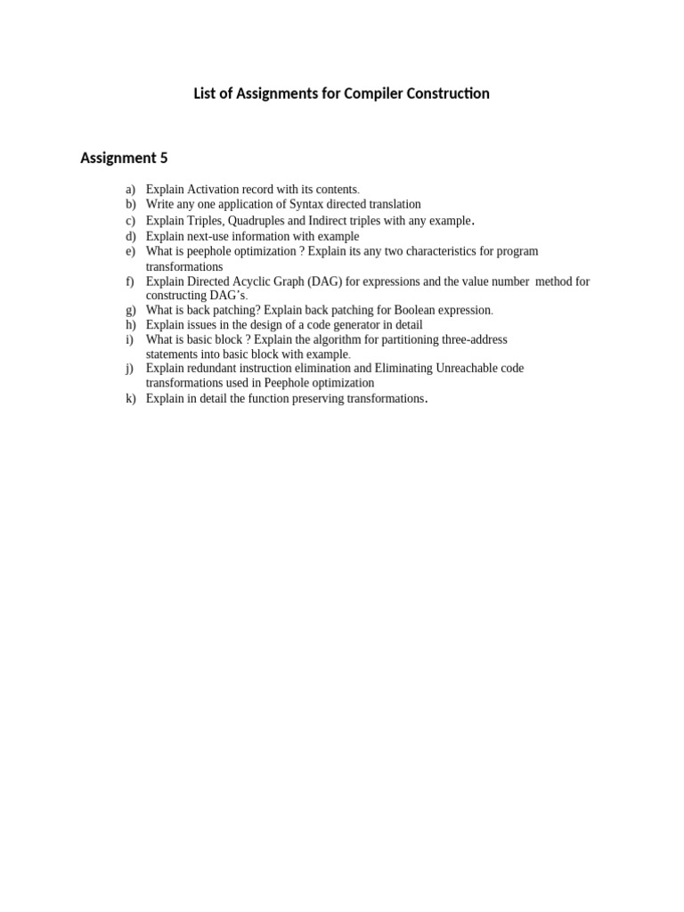 Assignments 5 for Compiler Construction | PDF