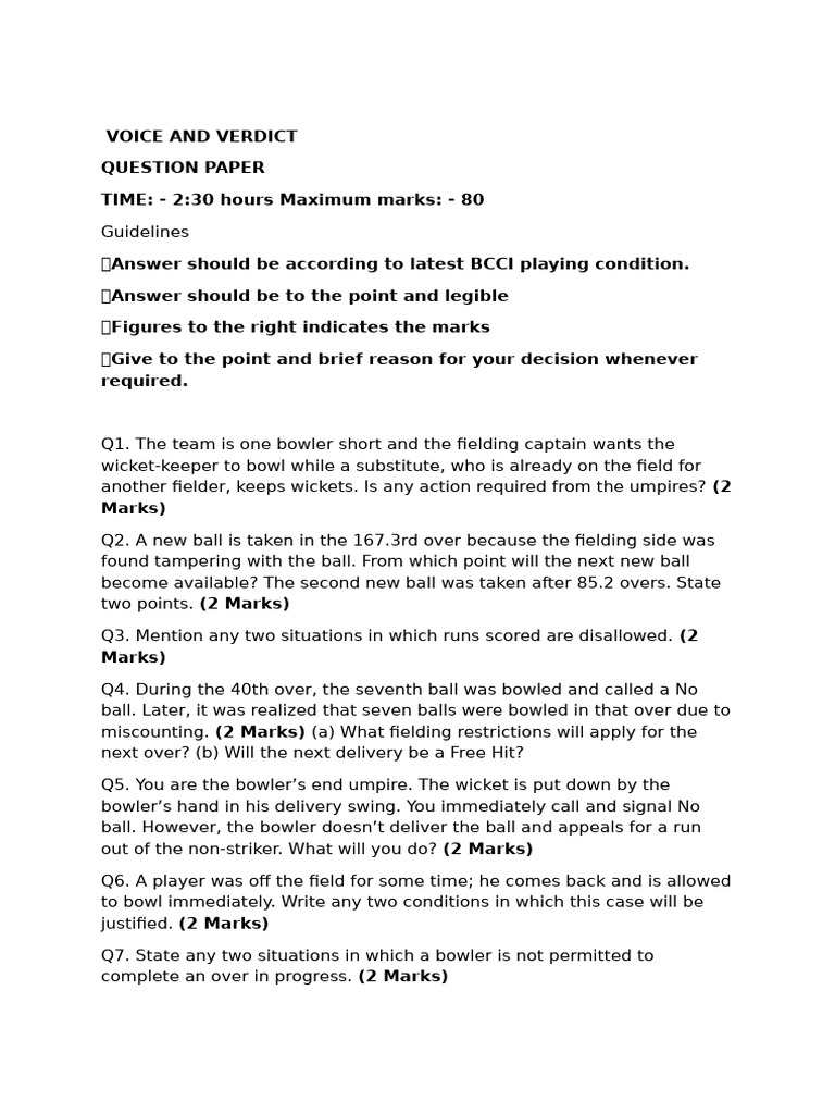 Voice and Verdict Exam | PDF | Bowling (Cricket) | Athletic Sports