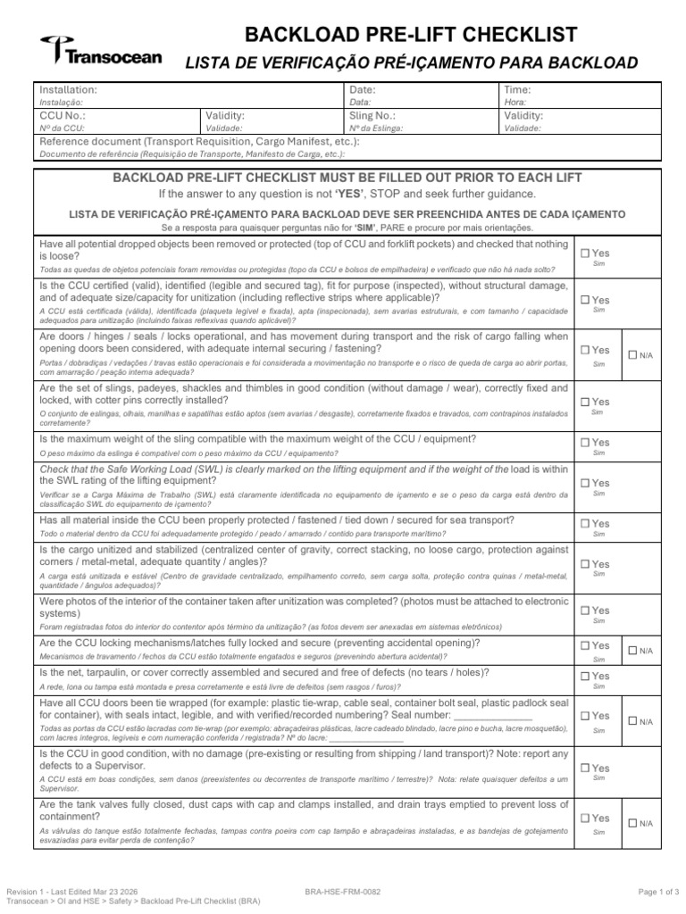Backload Pre-Lift Checklist (BRA) | PDF