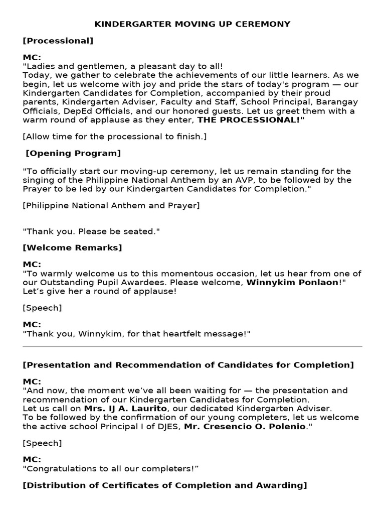 KINDERGARTER-MOVING-UP-CEREMONY-SCRIPT | PDF