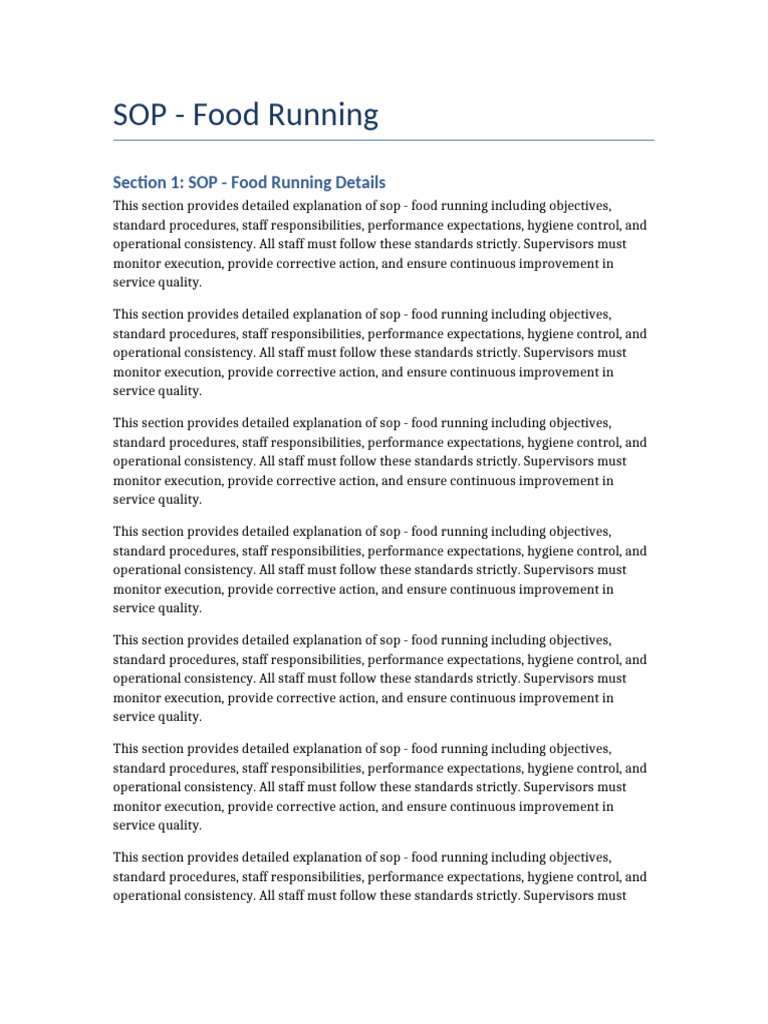 SOP Food Running 10pages | PDF | Quality