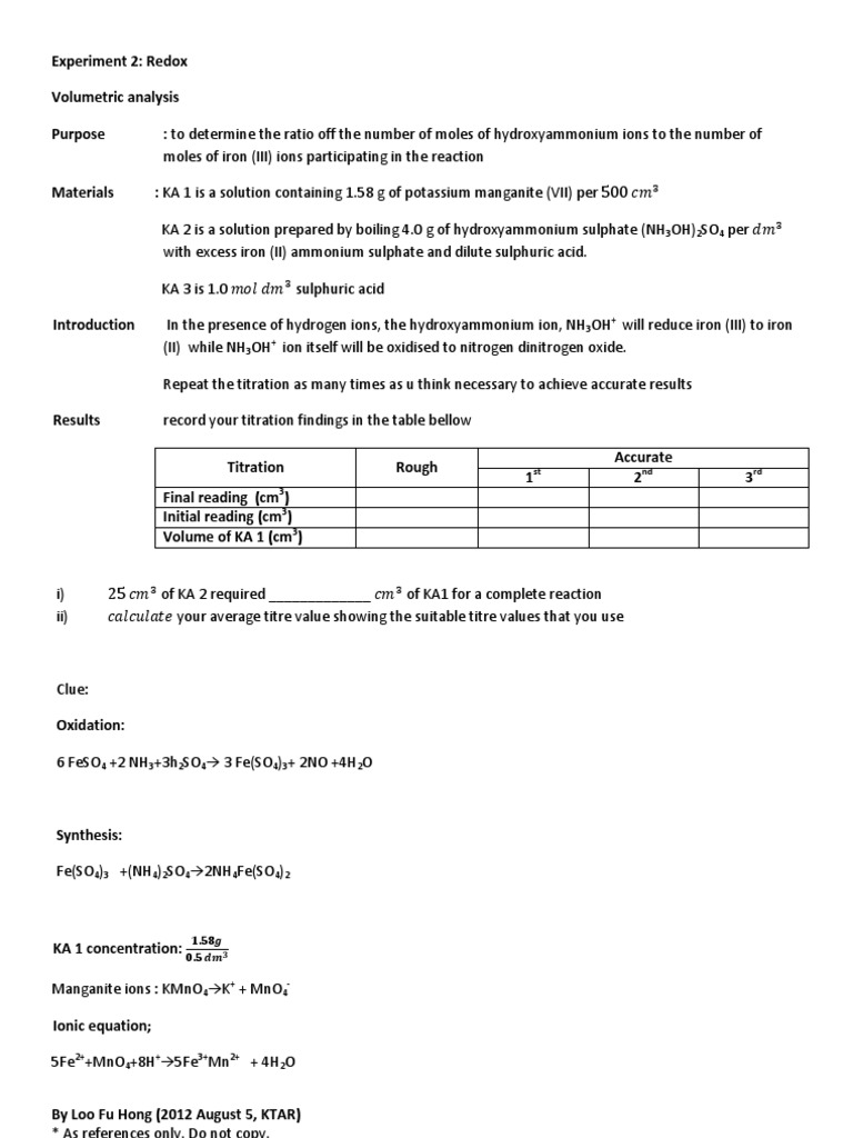 Experiment 2 Redox Titration Chemistry
