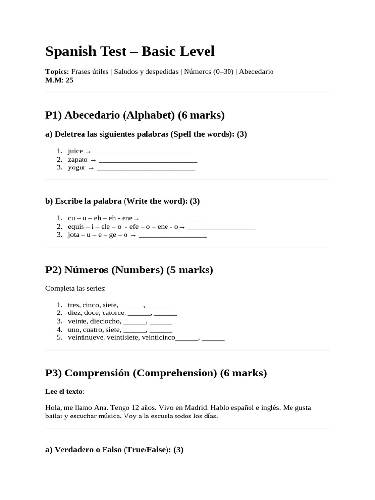 Amyra Spanish Test | PDF