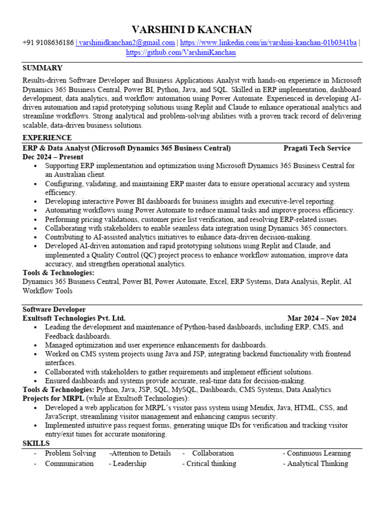Varshini CV | PDF | Enterprise Resource Planning | Automation