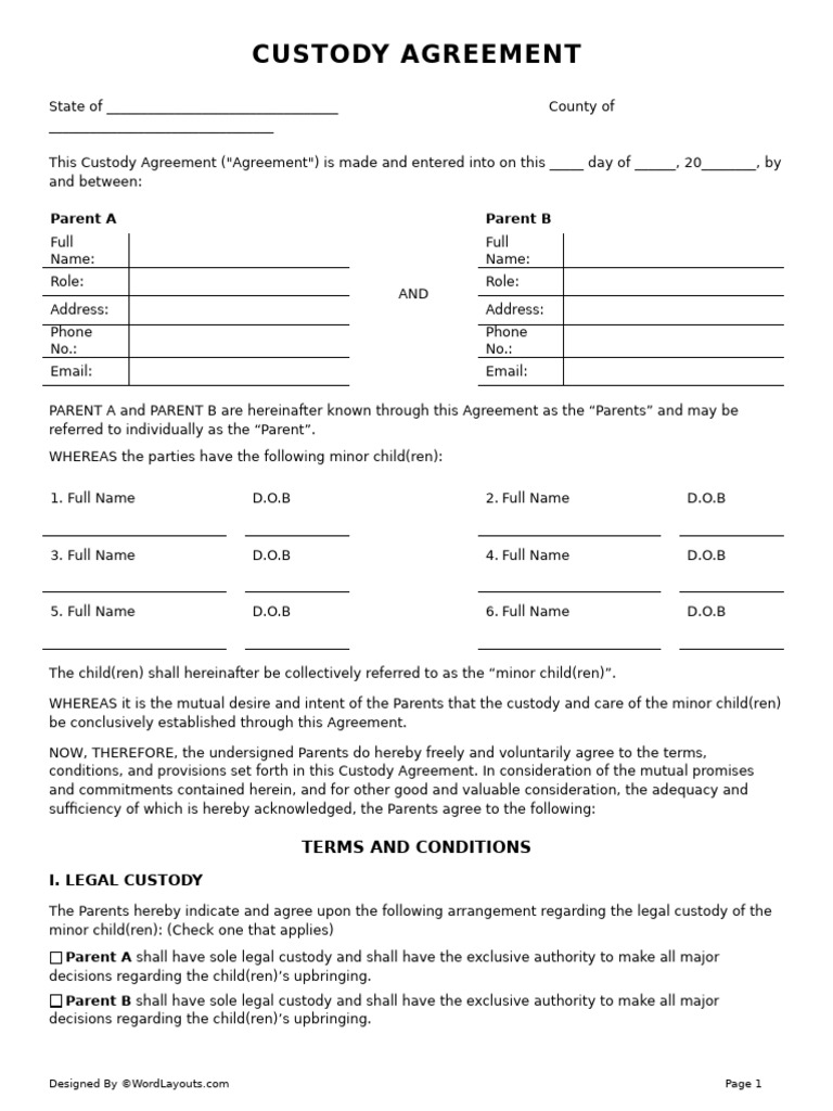Custody Agreement Template 05 86et79rea | PDF | Child Custody | Child ...