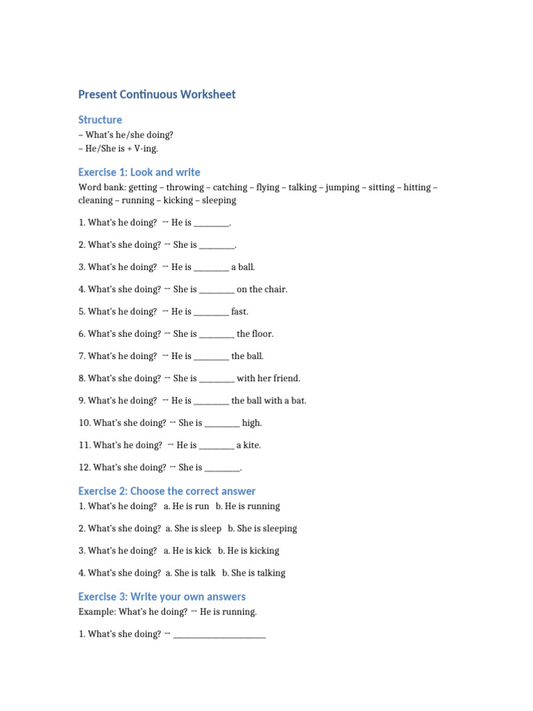 Present Continuous Worksheet | PDF