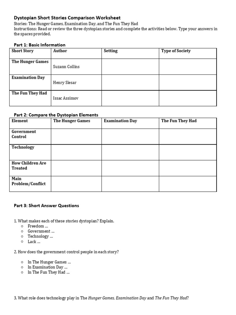 Dystopian Short Stories Comparison Worksheet | PDF
