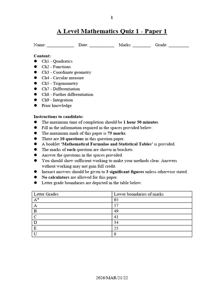 A Level Mathematics Quiz 1_20260321002359 | PDF | Triangle | Mathematics