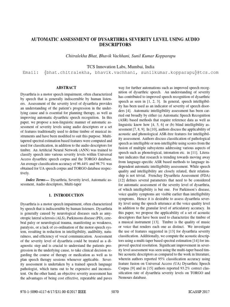 Automatic Assessment of Dysarthria Severity Level Using Audio ...