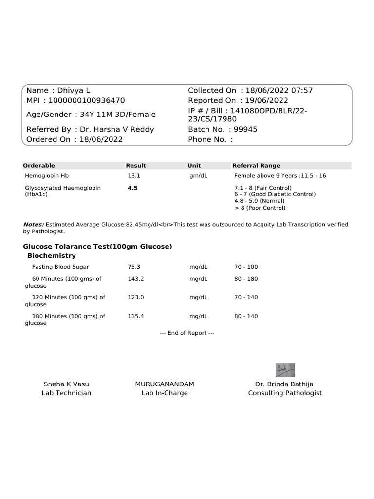 Blood Report - Hb, HbA1C, GTT | PDF