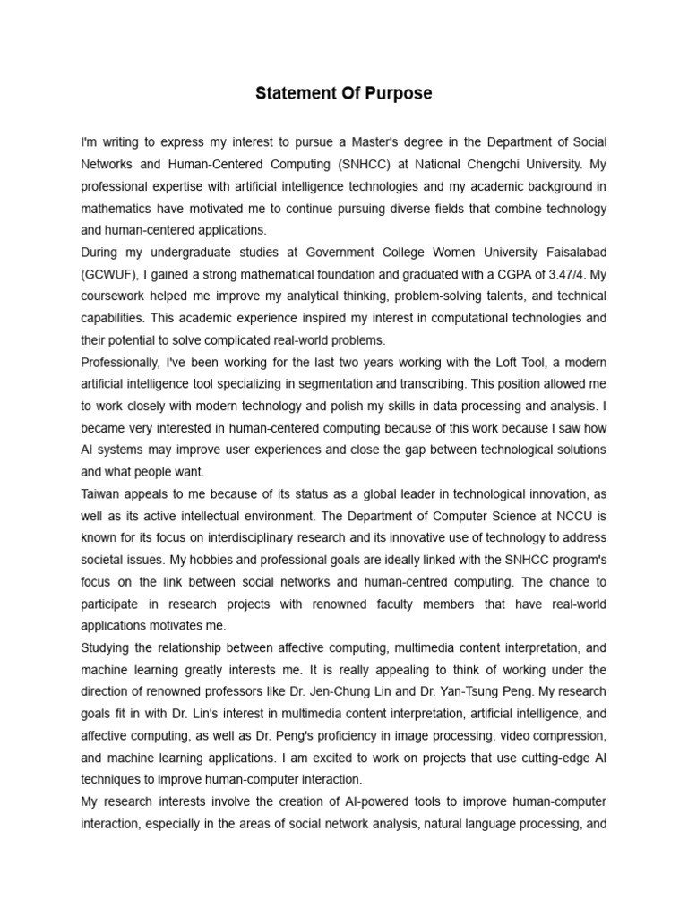 Statement of Purpose | PDF | Artificial Intelligence | Intelligence (AI ...